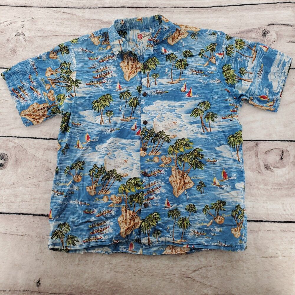 Vtg Hilo Hattie Hawaiian Shirt Mens 2XL Blue Ocean Sails Palm Tree Globe Rare